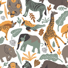 Seamless pattern illustration of cute wild safari African animals. Including giraffe, elephant, hyena, crocodile, hippo, rhinoceros zebrd cartoon doodle characters in scandinavian style. Kids
