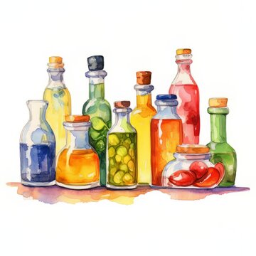 watercolor bottles of oil with Generative AI technology