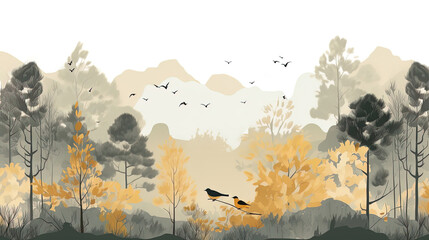 illustrated birds in the forest , with abstract background, Wallpaper