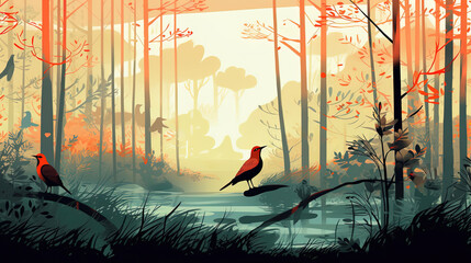 illustrated birds in the forest , with abstract background, Wallpaper