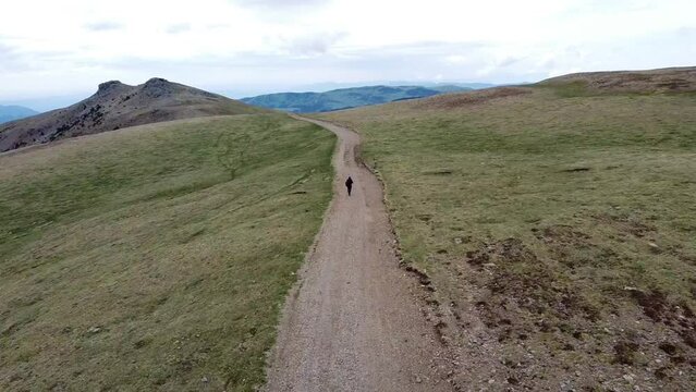 man walking on the mountain alone with dogs with spectacular views