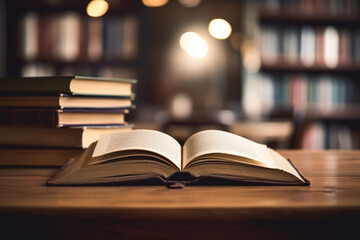 Open book on wood desk in the library room with blurred focus for background, education back to school concept, vintage color tone process Generative AI