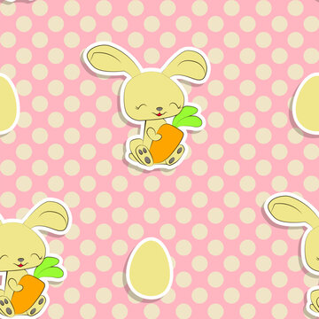 Seamless pattern with cute easter bunny and polka dots. Happy Easter endless background. Retro style vector illustration.