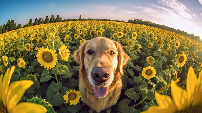 Generative Ai image of a cute golden retriever surrounded by a field of flowers