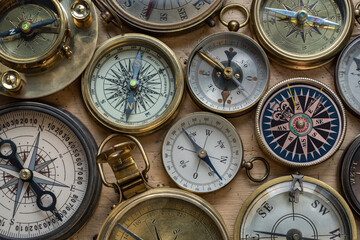 Collection, set of old compasses on the table. Travel, geography, navigation, tourism, histoory and...