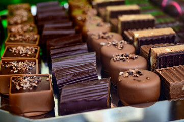 Sweet chocolate bonbons in artisan Spanish confectionery shop