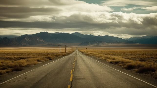 Solitary Passage: A Desolate Road Cutting Through an Unforgiving Landscape. Generative AI
