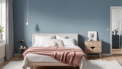Fototapeta na wymiar A Digital Image Illustrating A Radiant Bedroom With A Blue Accent Wall
