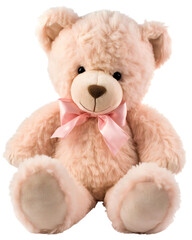 Children's, teddy bear with a pink bow. Isolated on a transparent background. KI.