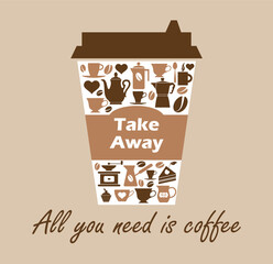 Vector illustration coffee cup icon on biege background. Coffee cup logo with icons Take away cuo of cofe