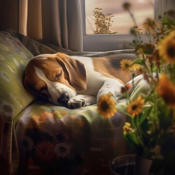 The Beagle Sleeping On The Window Generative Ai