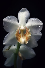 Fragrant White Cattleya orchid flower bloom against a dark background. Generative AI.