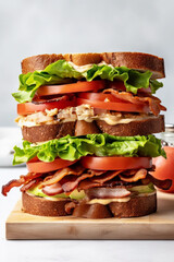 Turkey BLT sandwiches stacked on white background, generative AI