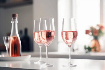 Rose sparkling wine in flute glasses in a white kitchen, generative AI