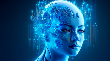 Obraz premium Concept of artificial intelligence. Human face in blue colors. Generative AI