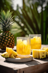 Fototapeta na wymiar in summer garden cold yellow drink pineapple juice cocktail, ai generation