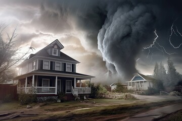 the approach of a huge tornado to a residential building. storm, tornado, natural disaster. the concept of property insurance against accident and natural disaster.Generative AI