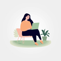 Fototapeta na wymiar woman sitting on sofa working on notebook, vector illustration