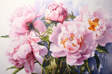 Watercolor painting, white and pink peonies on abstract watercolor background. Generative AI.