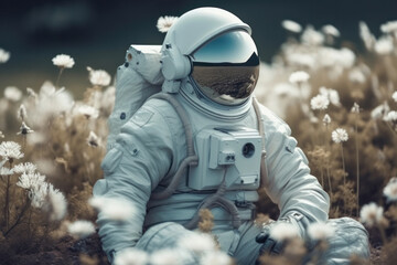 Amidst a sea of vibrant flowers, a butterfly flutters near an astronaut in a space suit exploring an unknown planet. AI Generative.