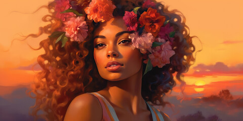 Portrait of woman with flowers in her curly hair during sunset. Generative AI.