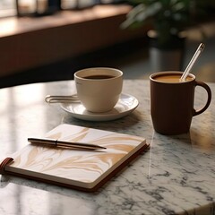 an open notebook next to a coffee and a laptop Generative Ai