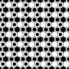 Repeated black figures on white background. Stylized honeycomb wallpaper. Seamless surface pattern design with hexagons. Mosaic motif. Digital paper for page fills, web designing, textile print.