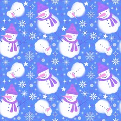 Winter seamless snowman and snowflakes pattern for Christmas wrapping paper and kids notebooks