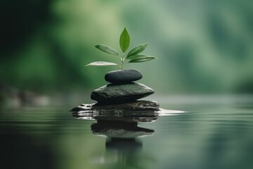 Green leaf on zen stones pyramid on water surface, Generative ai
