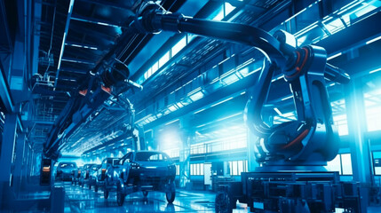 Manufacture Car factory, modern conveyor line. Banner Automated robot arm, Industry construction, blue color with sunlight. Generative AI
