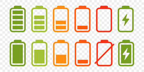 Battery icon set. High quality colorful style vector icons. Green 100% 75%, orange 50%, red 25% 0, batteries. Batery charge indicator. Baterry level, energy, full. Power low up status batteries logo.