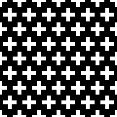Crosses wallpaper. Repeated white figures on black background. Seamless surface pattern design with polygons. Mosaic motif. Digital paper for page fills, web designing, textile print. Vector art.