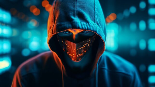 Anonymous hacker wearing a mask and a hoody, data thief, concept of cybersecurity, phishing, data theft, cybercrime, generative ai