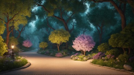 An Evocative Image Of A Pathway In A Park With Trees And Flowers