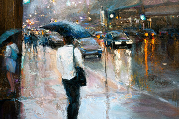 Evening city landscape. man with an umbrella in the rain. Oil painting on canvas. cozy art.