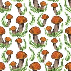 Seamless endless pattern. Boletus edible forest mushroom, fern. Botanical drawing. Hand-drawn watercolor illustration isolated on white background. For textiles, packaging, fabric