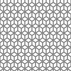 Repeated white cubes with black edges background. Geometric shapes wallpaper. Seamless surface pattern design with polygons. Cubic motif. Digital paper with dices, web designing, textile print.