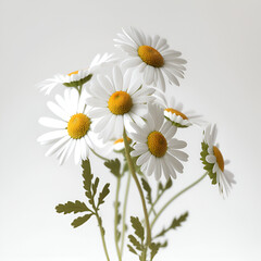 Obraz premium Bouquet of daisy daisies chamomile plant with leaves isolated on white background. 3D rendering. Flat lay, top view. macro closeup 