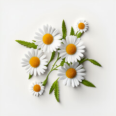 Obraz premium Bouquet of daisy daisies chamomile plant with leaves isolated on white background. Flat lay, top view. macro closeup 