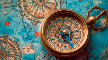 Obraz na płótnie Canvas Old Antique Compass on a Paper Map Blue Gold background wallpaper, Goals Objectives Purpose Why, True North, Organizational Alignment. Generative AI