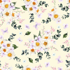 Watercolor seamless pattern with delicate spring flowers, isolated on colored background
