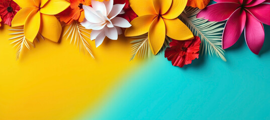 Large tropical flowers on yellow and turquoise background with copy space. Generative AI
