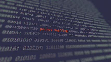 Cyber attack packet sniffing vulnerability in text binary system ascii art style, code on editor...