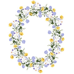 Wreath with spring wildflowers, mimosa, lilly, rose, poppy isolated on white background