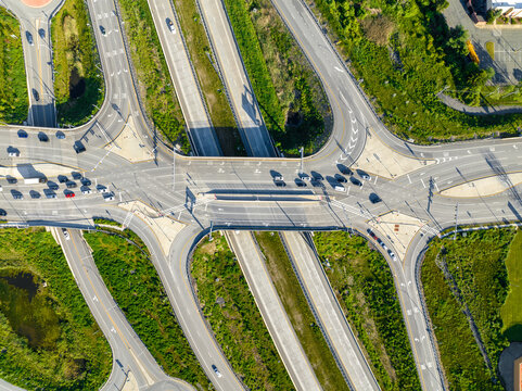Aerial, drone, afternoon photo of a diverging diamond interchange (DDI), located in Woodbury, NY.	