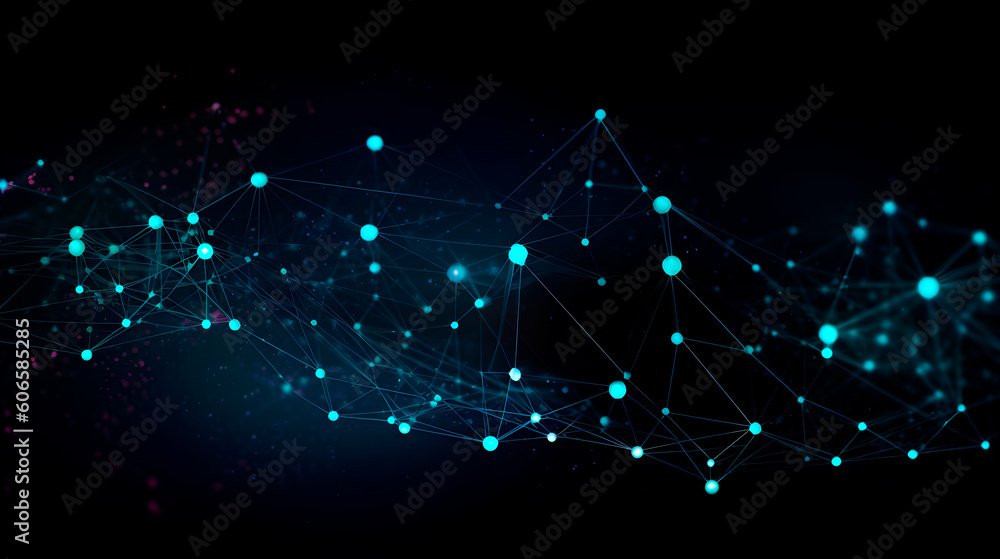Poster neon dots and links representing advanced technologies, generative ai