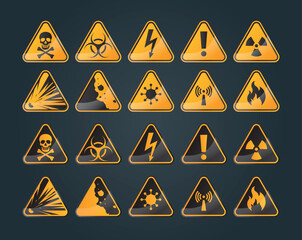 set of danger and prevention signs, high voltage care, biohazard, toxic, various prevention signs