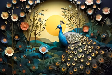 Fototapeta premium With expert precision and skillful artistry, this paper cut captures the enchanting beauty of Peacock in a nighttime forest, scheme of dark blue and gold. generative AI.