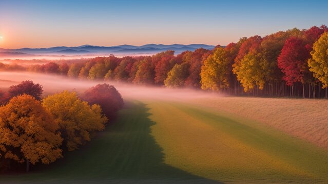 An Illustration Of A Visually Stimulatingly Colored Landscape With A Foggy Field