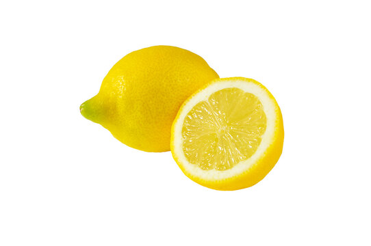 Lemon whole and half cut fruits isolated transparent png. Yellow green citrus fruits.
